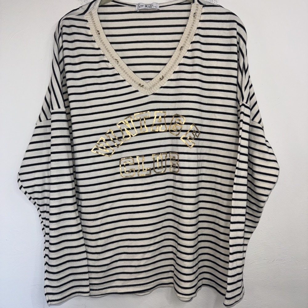 Gigi Moda Women's Viscose Italian Long Sleeve Blouse Striped Preppy Old Money
